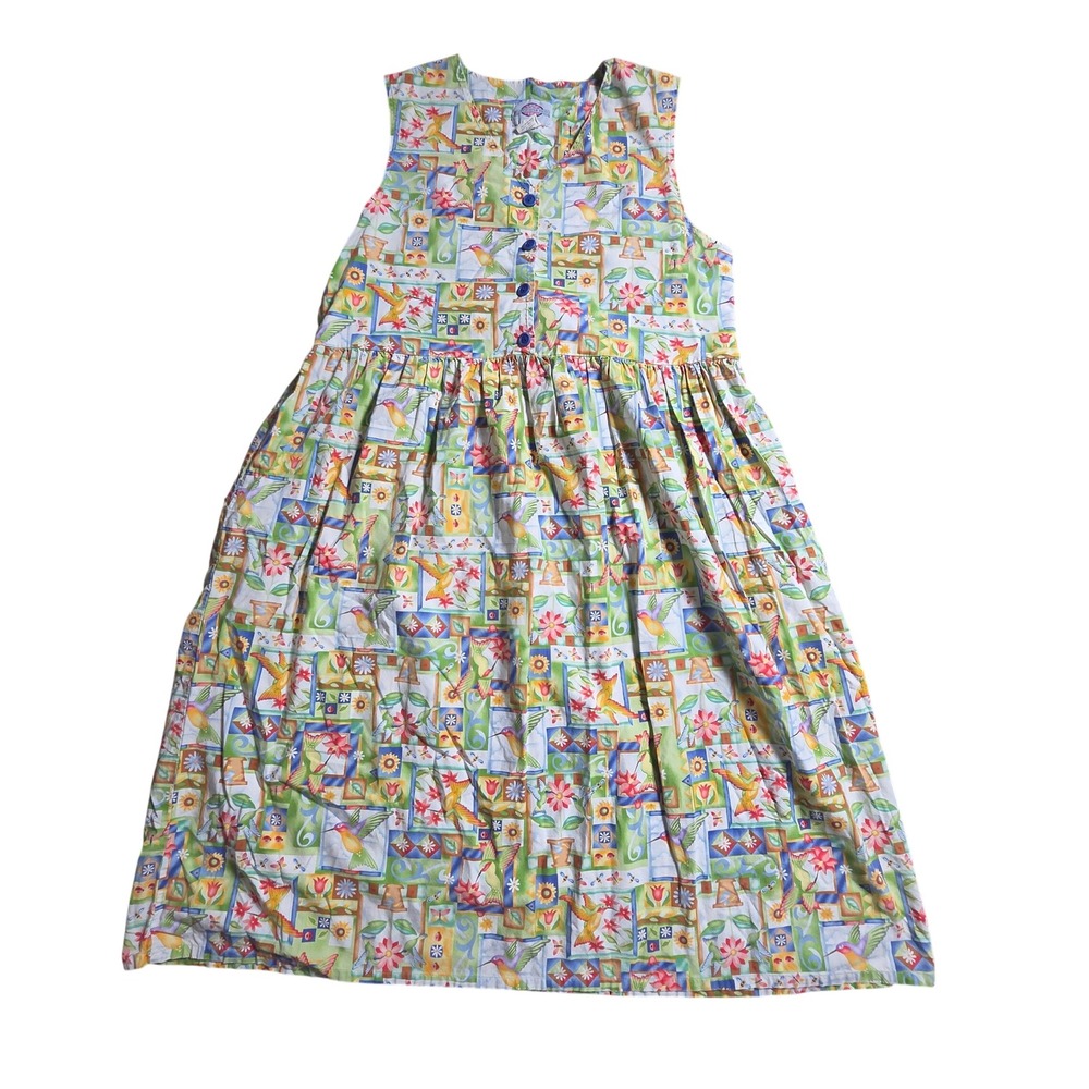 Conversation Pieces Hummingbird Garden Print Midi Dress XL Kitsch Cottagecore